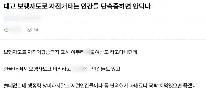 한 누리꾼이 직장인 익명커뮤니티 '블라인드'에 대교 위 자전거족에 대해 비판하는 게시글을 올렸다. /사진=블라인드 커뮤니티 갈무리