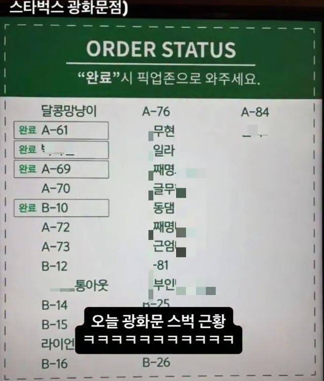 스타벅스 픽업존에 나타난 고객 닉네임. [온라인커뮤니티 캡처]