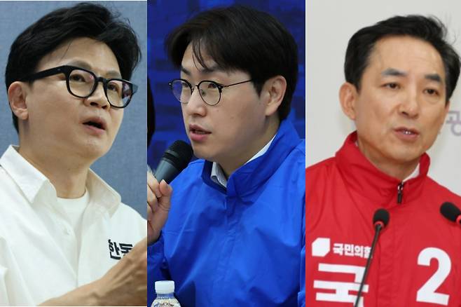 부산 북갑 국회의원 보권선거에 출마한 한동훈(무소속)·하정우(더불어민주당)·박민식(국민의힘) 후보 [연합뉴스]