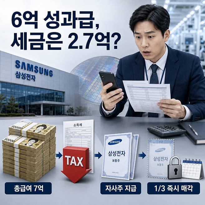 삼성전자 반도체 부문 특별경영성과급이 세후 자사주로 지급되면서 직원들의 실제 수령액과 세 부담, 매각 제한 조건에 관심이 커지고 있다. ChatGPT 생성 이미지