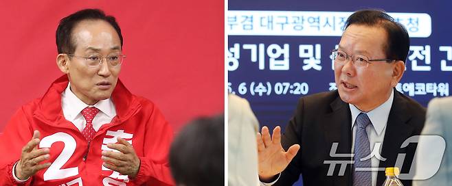 6일 오후 대구 수성구 국민의힘 대구시당에서 기자간담회 갖는 추경호 국민의힘 대구시장 후보(왼쪽)와 같은 날 오전 수성알파시티 스마트에코타워에서 열린 AI·IT 여성기업인협회 간담회에 참석한 김부겸 더불어민주당 대구시장 후보. 2026.5.6 ⓒ 뉴스1 공정식 기자
