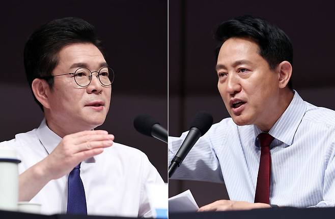지난 20일 정원오 더불어민주당 서울시장 후보(왼쪽)와 오세훈 국민의힘 서울시장 후보가 서울 중구 한국프레스센터에서 열린 관훈클럽 초청 토론회에서 각각 발언하고 있다. 뉴스1