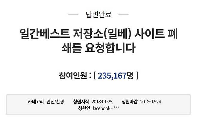 2018년 1월 '일베 폐쇄'를 요청하는 국민청원. 사진 청와대 홈페이지 캡처
