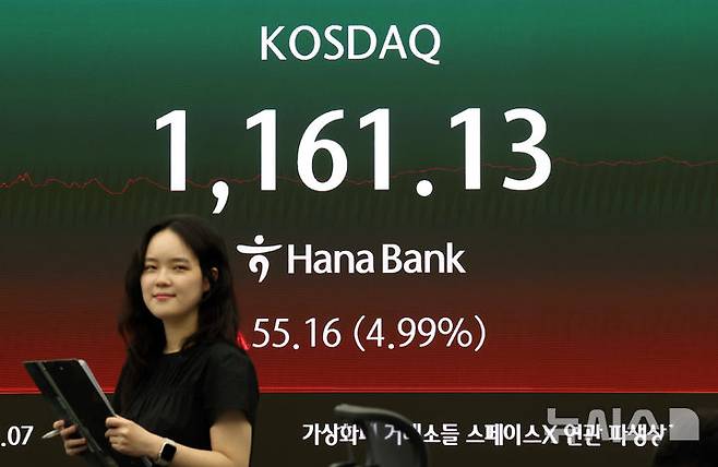 [서울=뉴시스] 최진석 기자 = 코스닥 지수가 전 거래일(1105.97)보다 55.16포인트(4.99%) 상승한 1161.13에 거래를 마친 22일 서울 중구 하나은행 딜링룸에 코스닥 지수 종가가 보이고 있다. 코스피는 전 거래일(7815.59)보다 32.12포인트(0.41%) 오른 7847.71에 마감했다. 서울 외환시장에서 원·달러 환율은 전 거래일(1506.1원)보다 11.1원 오른 1517.2원에 주간 거래를 마감했다. 2026.05.22. myjs@newsis.com