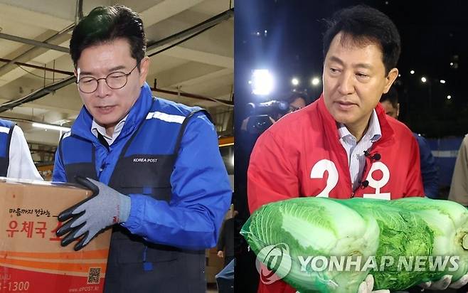 서울시장 선거운동 돌입 공식 선거운동의 막이 오른 21일 동서울우편집중국 찾아 택배 업무 체험하는 정원오 후보(왼쪽)와 가락시장 찾아 배추 나르는 오세훈 후보 [촬영 최재구·윤동진]