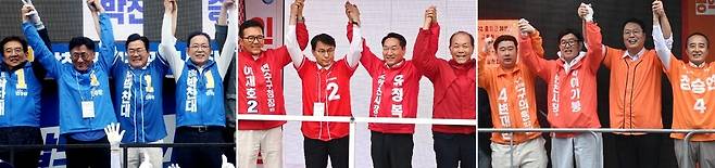 ▲&nbsp;6·3 전국동시지방선거 공식선거운동 첫날인 지난 21일 인천시장 후보들이 출정식을 열고 본격적인 선거전에 돌입했다. 박찬대(왼쪽부터) 더불어민주당 후보가 미추홀구 옛 시민회관 쉼터에서, 유정복 국민의힘 후보가 연수구 송도역 앞에서, 이기붕 개혁신당 후보가 연수구 옥련시장 앞에서 각각 지지를 호소하고 있다. /이재민 기자 leejm@incheonilbo.com