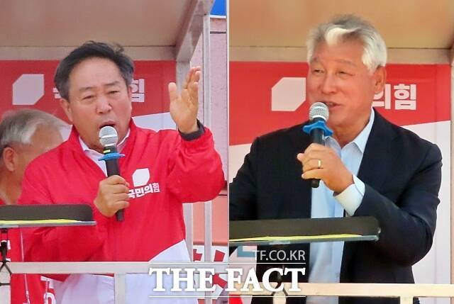 25일 국민의힘 '부여대전환' 합동 유세에서 윤용근 후보의 지지연설을 하고 있는 강승규 충남도당 위원장(왼쪽)과 김근태 전 국회의원. /김형중 기자