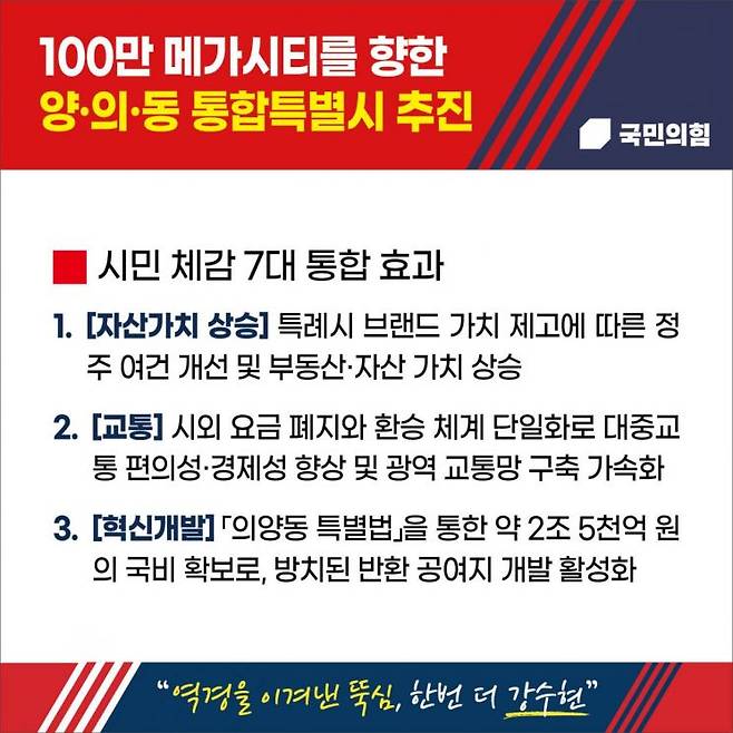 강수현 양주시장 후보(국민의힘)가 의정부·동두천과의 통합 특별시 추진과 경기북부 관광벨트 조성을 핵심으로 한 메가시티 비전을 제시했다. 강수현 후보 제공
