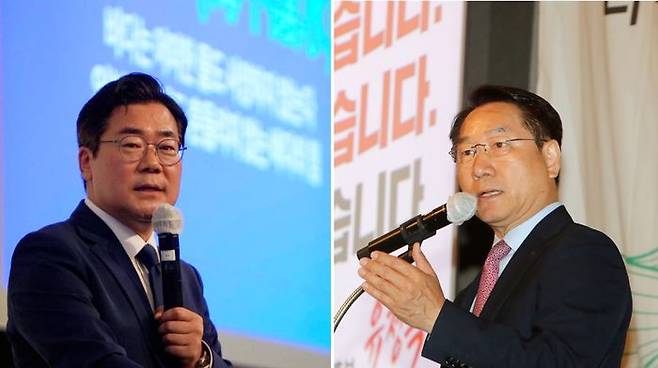 더불어민주당 박찬대 인천시장 후보와 국민의 힘 유정복 인천시장 후보가 지난 20일과 22일 새얼문화재단이 주최한 아침대화에서 인사말을 하고 있다. ⓒ 박찬대·유적복 캠프 제공