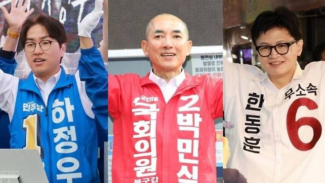 부산 북갑 보궐선거에 나선 박민식 국민의힘 후보와 한동훈 무소속 후보가 지난 23일 하정우 더불어민주당 후보를 향해 “대한민국의 주적이 누구냐는 질문에 대답을 회피했다”고 공세를 폈다. 연합뉴스