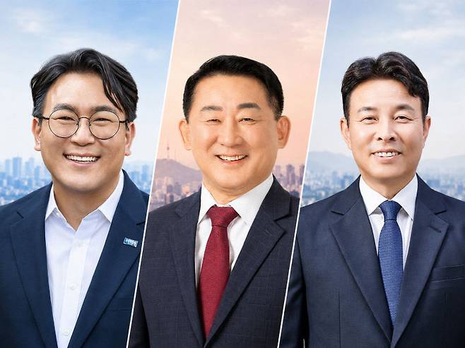 조국혁신당 유지곤 후보(왼쪽), 국민의힘 서철모 후보(가운데), 더불어민주당 전문학 후보(오른쪽)/사진=AI생성이미지