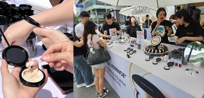 AGE20’S의 홍대입구역 올리브영 홍대공항철도역점 앞 무빙 팝업 현장이 보이고 있다.(사진=정영인 기자 oin@)