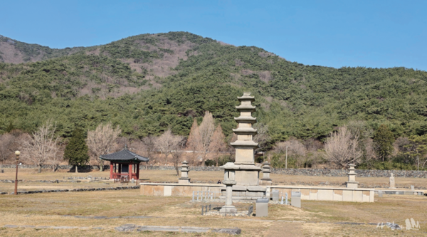 국보 하나와 보물 넷, 보령의 보물을 다 품고있는 성주사지_정면의 오층석탑과 그 뒤의 삼층석탑 셋이 보물이다. 국보는 왼쪽 비각 안에 있다