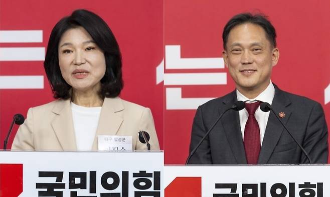 이진숙 전 방송통신위원장(왼쪽), 김태규 전 방송통신위원회 부위원장이 1일 서울 여의도 국민의힘 중앙당사에서 6·3 재보선 대구 달성군 선거구 공천 면접을 마친 뒤 취재진 질문에 답하고 있다. 연합뉴스