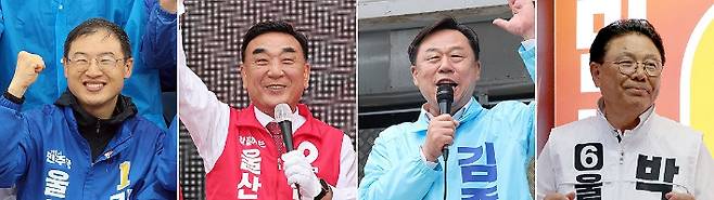 6·3 지방선거 울산시장 후보들이 지난 21일 각각 출정식을 열고 지지를 호소하고 있다. 왼쪽부터 더불어민주당 김상욱, 국민의힘 김두겸, 진보당 김종훈, 무소속 박맹우 후보. 연합뉴스