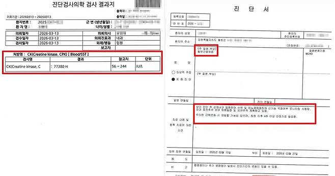 피해 병사의 검사 결과지와 진단서 [피해 병사 가족 제공. 재판매 및 DB 금지]