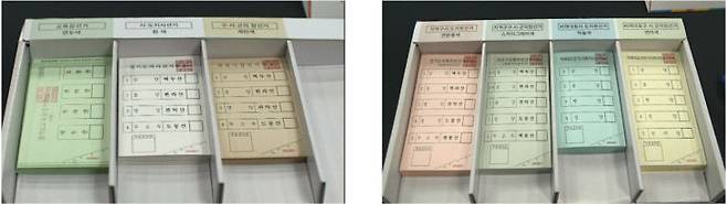 선거일 투표 두 번의 투표용지 수령과 투표함 투입. 왼쪽 사진이 1차 교부, 오른쪽 사진이 2차 교부. [사진=대전선거관리위원회]
