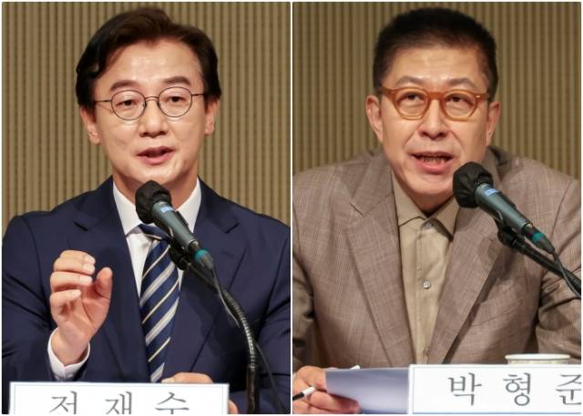 부산일보사와 관훈클럽이 주최한 부산시장 후보 초청 관훈토론회가 26일 부산 해운대구 동서대학교 센텀캠퍼스 컨벤션홀에서 열렸다. 전재수 더불어민주당 후보와 박형준 국민의힘 후보가 발언하고 있다. 김종진 기자 kjj1761@
