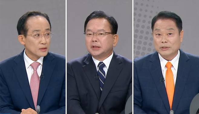 ▲ 국민의힘 추경호 후보(왼쪽부터), 더불어민주당 김부겸 후보, 개혁신당 이수찬 후보가 26일 대구 수성구 대구MBC에서 열린 제9회 전국동시지방선거 대구시장 후보자 토론회에서 발언하고 있다. 대구MBC 유튜브 갈무리