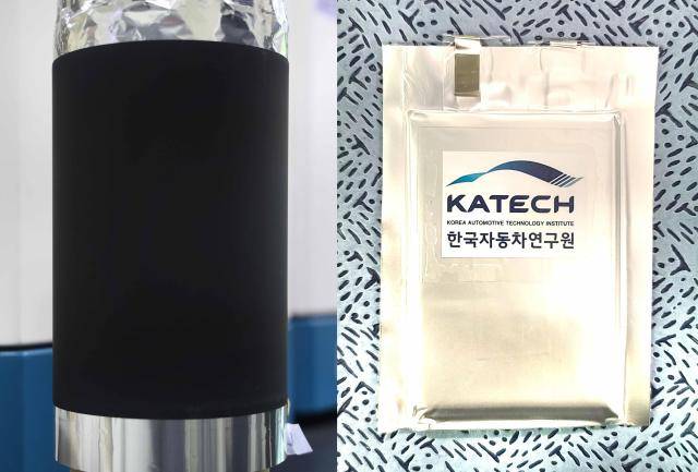 이온 흡착형 바인더가 적용된 LMFP(리튬인산망간철) 전극 시제품(좌측)과 3Ah급 전지 셀(우측).[사진=한자연]