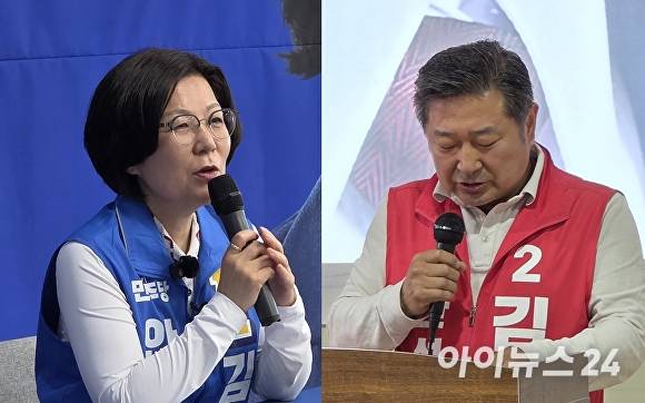 더불어민주당 김보라 안성시장 후보(왼쪽), 국민의힘 김장연 안성시장 후보. [사진=임정규 기자]