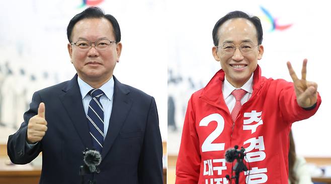 김부겸 더불어민주당 대구시장 후보(왼쪽 사진)와 추경호 국민의힘 대구시장 후보가 14일 대구시선거관리위원회에서 6·3 지방선거 대구시장 후보 등록 신청을 한 뒤 각자 포즈를 취하고 있다. 연합뉴스