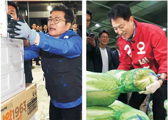 정원오(왼쪽) 더불어민주당 서울시장 후보가 21일 0시 공식 선거운동이 개시되자마자 서울 광진구 동서울우편집중국을 찾아 택배 업무를 도우며 첫 일정을 소화하고 있다. 오세훈(오른쪽) 국민의힘 서울시장 후보는 같은 날 송파구 가락농수산물종합도매시장을 찾아 배추를 나르며 첫 일정을 소화하고 있다. 연합뉴스