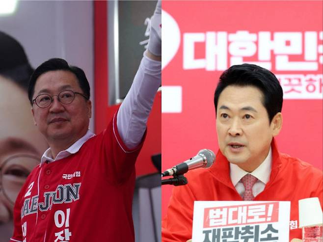 국민의힘 이장우 대전시장 후보(사진 왼쪽)와 장동혁 대표.사진=이후보 캠프/연합뉴스