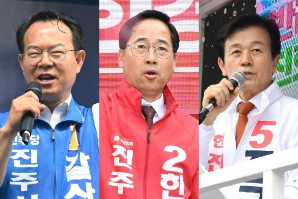 진주시장 선거에 출마한 더불어민주당 갈상돈, 국민의힘 한경호, 무소속 조규일 후보.