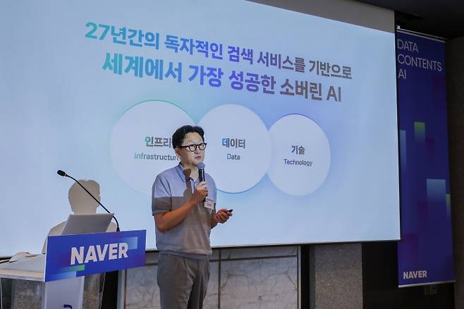김광현 네이버 최고데이터·콘텐츠책임자(CDO)가 28일 오전 서울 중구 더플라자 호텔 간담회를 열고 AI 시대 콘텐츠 생태계 전략을 발표하고 있다. 사진=네이버 제공