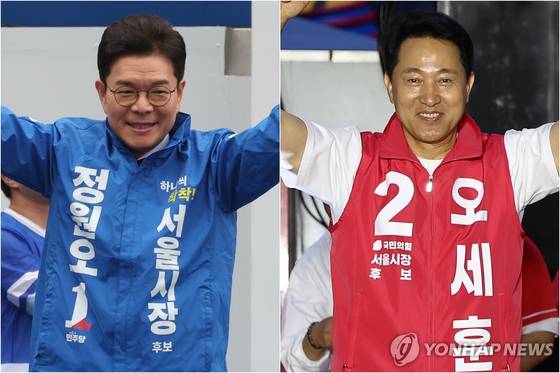 지난 21일 서울 왕십리역 광장에서 출정식하는 더불어민주당 정원오 후보(왼쪽)와 청계광장에서 출정식하는 국민의힘 오세훈 후보 〈사진=동취재/연합뉴스〉