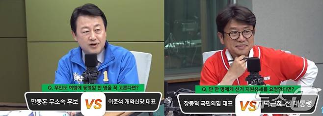 27일 밤 경기평택을 국회의원 재선거 후보자 토론회에서 김용남 더불어민주당 후보, 유의동 국민의힘 후보가 밸런스 게임을 하고 있는 모습. (CBS 박재홍의 한판승부 갈무리) ⓒ 뉴스1