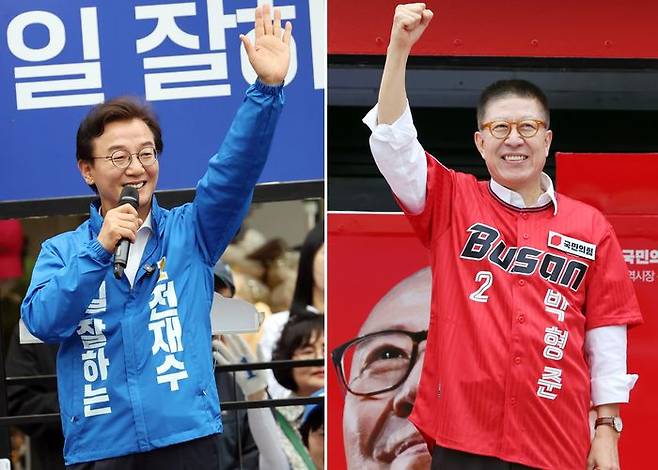 전재수 더불어민주당 부산시장 후보(왼쪽)와 박형준 국민의힘 부산시장 후보(오른쪽) ⓒ뉴시스
