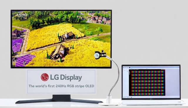 LG디스플레이의 ‘240㎐ RGB 스트라이프 OLED’ 패널을 카메라로 확대해 촬영한 이미지. LG디스플레이 제공