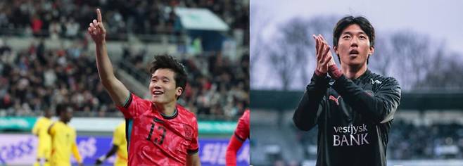 한국 축구국가대표팀의 측면 수비수이자 이을용의 아들 이태석(왼쪽)과 중앙 수비수 이한범. 연합뉴스