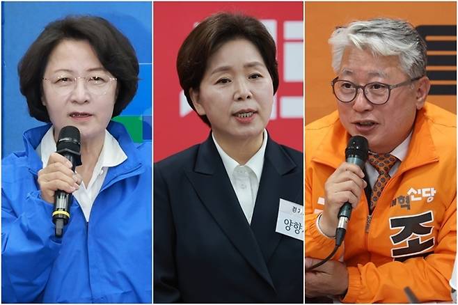 경기지사에 출마한 더불어민주당 추미애 후보는 생태계 제도화, 국민의힘 양향자 후보는 초광역 클러스터, 개혁신당 조응천 후보는 교통망으로 각기 다른 공약을 내놨다(왼쪽부터). 사진=연합뉴스