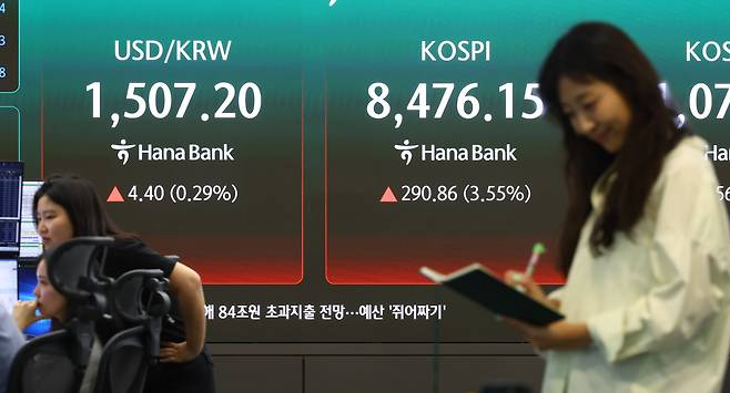 [서울=뉴시스] 황준선 기자 = 코스피는 전 거래일(8185.29)보다 290.86포인트(3.55%) 오른 8476.15에 마감한 29일 오후 서울 중구 하나은행 딜링룸 전광판에 지수가 표시돼 있다. 코스닥 지수는 전 거래일(1104.36)보다 29.56포인트(2.68%) 하락한 1074.80에 거래를 마쳤다. 서울 외환시장에서 원·달러 환율은 전 거래일(1502.8원)보다 5.1원 오른 1507.9원에 주간 거래를 마감했다. 2026.05.29. hwang@newsis.com(출처=뉴시스)