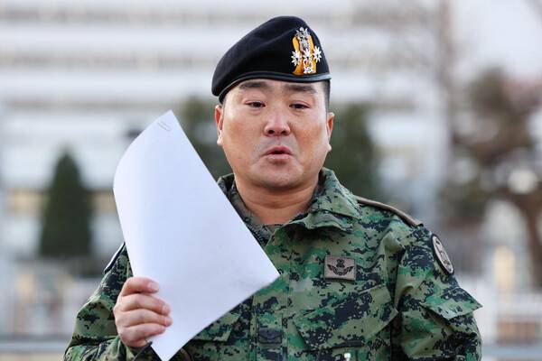 2024년 12월9일 당시 김현태 제707특수임무단장이 서울 용산구 국방부 전쟁기념관 앞에서 기자회견을 열고 발언하고 있다. 연합뉴스