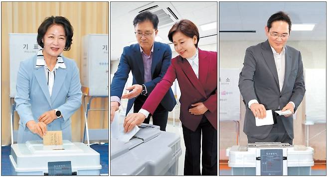 6·3 지방선거에 출마한 후보들이 반도체·AI·방산분야와 관련한 공약들을 쏟아내고 있다. 사진은 29일 사전투표에 참여하고 있는 추미애 더불어민주당 경기지사 후보, 양향자 국민의힘 경기지사 후보, 이재용 삼성전자 회장.  [연합·뉴시스]