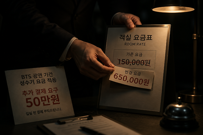 BTS 공연을 앞두고 숙박업계의 부당 요금 인상과 계약 취소 사례가 잇따르고 있다. [사진 | 챗GPT 생성 이미지]