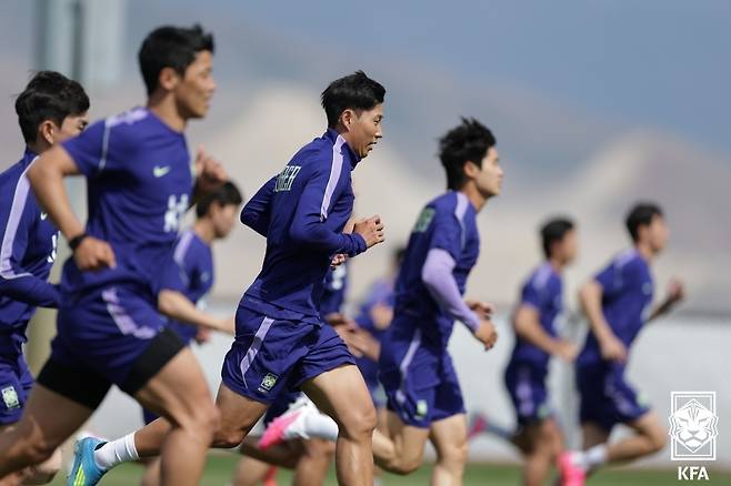 홍명보 감독이 이끄는 축구대표팀이 지난 27일 미국 유타주 솔트레이크시티 인근 헤리먼의 자이언스 뱅크 트레이닝 센터에서 훈련을 소화하고 있다. 대한축구협회 제공