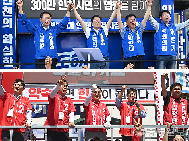 지난 31일 인천 남동구 모래내전통시장에서 시민들에게 지지를 호소하는 더불어민주당 박찬대 인천시장 후보(왼쪽)와 인천 중구 영종도 버거킹사거리에서 송언석 국민의힘 원내대표, 배준영 국회의원과 함께 집중 유세를 펼치는 국민의힘 유정복 인천시장 후보. 정선식 기자