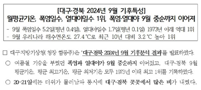 대구지방기상청이 분석한 2024년 9월 지역 기후 특성 보도자료 중 일부.