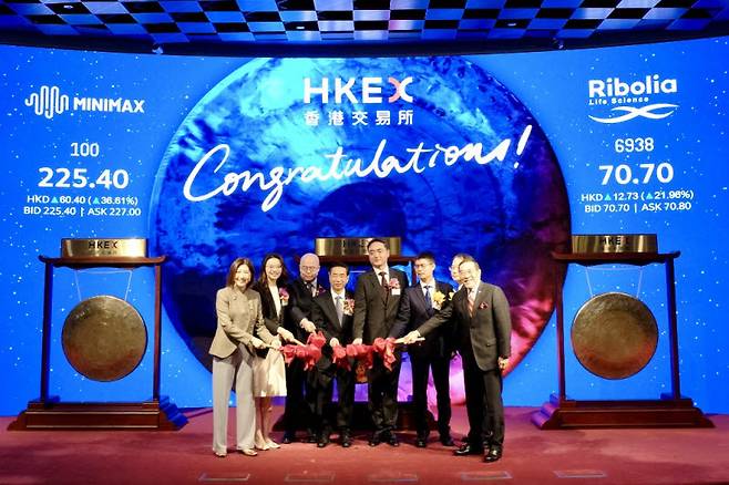 지난 1월 9일 미니맥스 등 홍콩 증시 상장사 관계자들이 상장 기념식에 참석하고 있다. (사진=AFP)