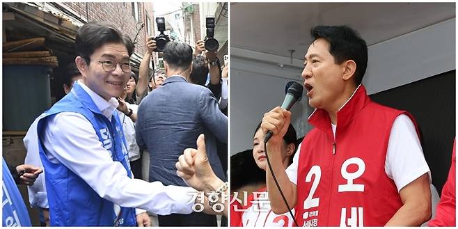 정원오 더불어민주당 서울시장 후보(왼쪽)가 1일 서울 종로구 돈의동 쪽방촌에서, 오세훈 국민의힘 서울시장 후보가 서울 중랑구 우림시장 인근에서 선거운동을 하고 있다. 권도현 기자