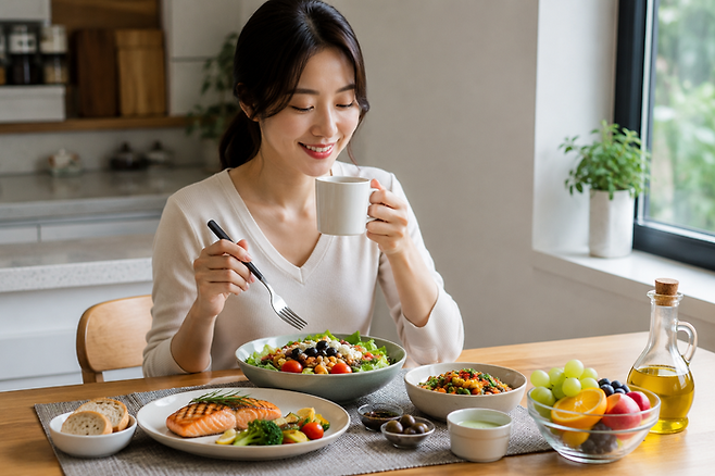 커피와 과일, 해소 위주로 식사를 하는 여성의 모습을 AI로 생성한 이미지. [챗GPT]