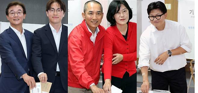 왼쪽부터 사전투표에 나섰던 전잰수 민주당 부산시장 후보와 하정우 북구갑 후보, 박민식 국민의힘 북구갑 후보, 한동훈 무소속 북구갑 후보. 공동취재단, 연합뉴스
