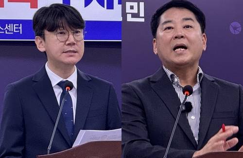 왼쪽부터 김 후보 캠프 김명섭 대변인, 박 후보 캠프 유해남 수석대변인 [촬영 이정훈]