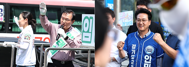 ▲ 본투표 하루 전인 2일 임태희 경기도교육감 후보(왼쪽)와 안민석 경기도교육감 후보가 각각 유세에 나섰다. /김철빈 기자 narodo@incheonilbo.com