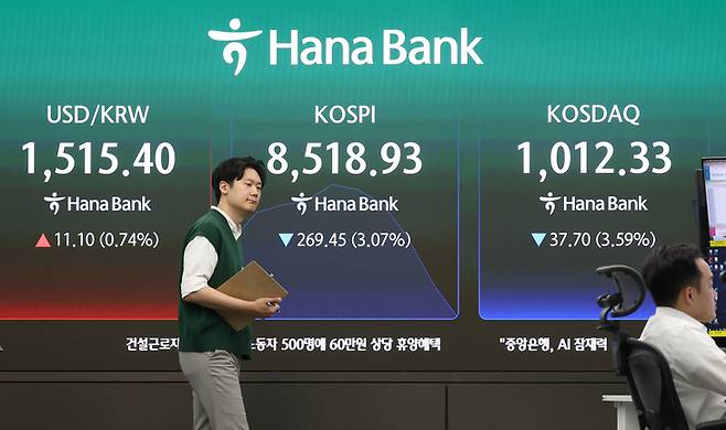 ▲2일 서울 중구 하나은행 딜링룸 현황판에 코스피가 표시되고 있다. 이날 코스피는 전장보다 94.81포인트(1.08%) 오른 8,883.19로, 코스닥지수는 5.14포인트(0.49%) 내린 1,044.89로 출발했다. [사진=연합뉴스]